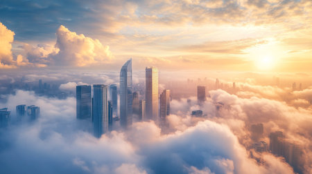 Aerial view of foggy cityscape with skyscrapers at sunriseの写真素材