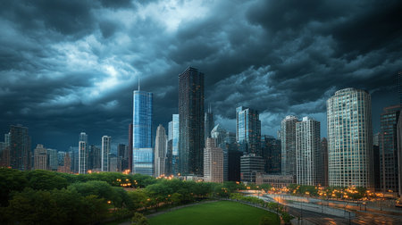 Skyline of the city at night with clouds and light trails.の写真素材