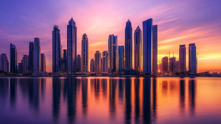 Dubai skyline at sunset, United Arab Emirates. Dubai is the fastest growing city in the world.の写真素材