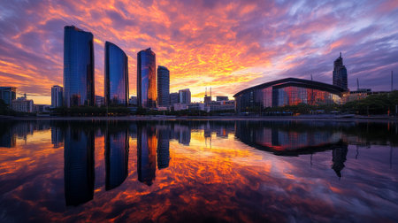 Shenzhen, China skyline at sunset with reflection on the riverの写真素材