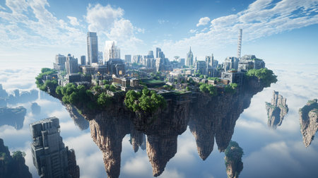 Beautiful panoramic aerial view of modern city in clouds.の写真素材