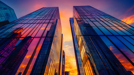 Modern skyscrapers in business district at sunset, Shanghai, China.の写真素材