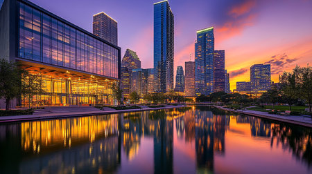 Chicago downtown skyscrapers and lake at sunset, Illinois, USAの写真素材