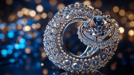 Wedding ring with diamond on blue bokeh background.の写真素材