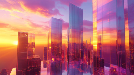 3d render of skyscrapers in the city at sunset.の写真素材