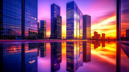 Skyscrapers at sunset in Shanghai, China. The skyscrapers are reflected in the water.の写真素材