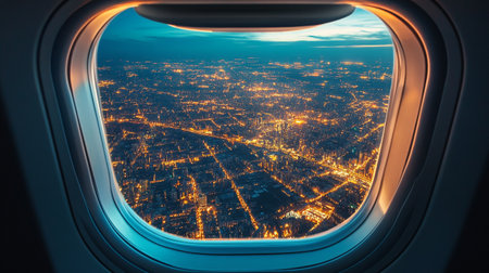 Aerial view of the city at night from airplane window. Travel conceptの写真素材