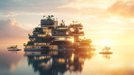 Beautiful villas on the water at sunset. 3d renderingの写真素材