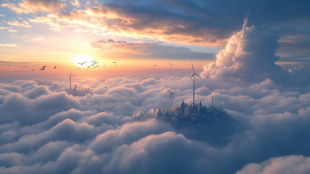 Aerial view of wind turbines in the clouds at sunset.の写真素材