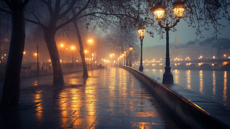 Lanterns on the embankment of the Moscow river in the foggy morningの写真素材