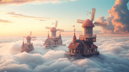 Fantasy landscape with windmills in the clouds. 3d illustrationの写真素材