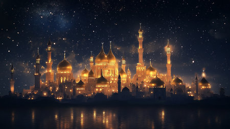 Illustration of Ramadan Kareem background with mosque and starry skyの写真素材