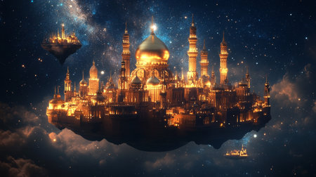 Fantasy Landscape of the mosque on the background of the night skyの写真素材