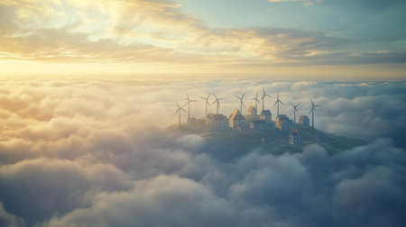 Beautiful panoramic aerial view of wind turbines in the clouds.の写真素材