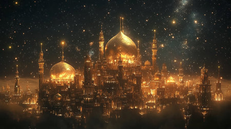 3D Illustration of a fantasy city with a mosque and starsの写真素材