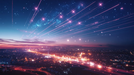 abstract background with glowing lines and particles on the night cityscapeの写真素材