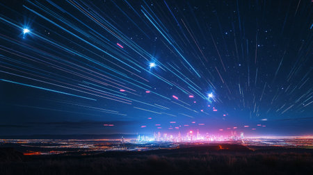 Night sky with stars and milky way over the city.の写真素材