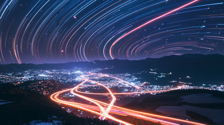 Aerial view of the road in the city at night with long exposure.の写真素材