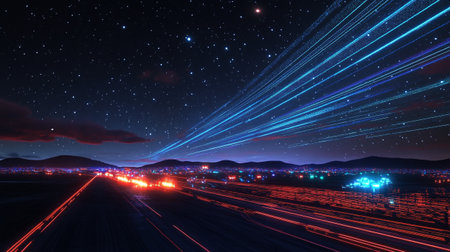 Night view of the road with a luminous trail of particles.の写真素材