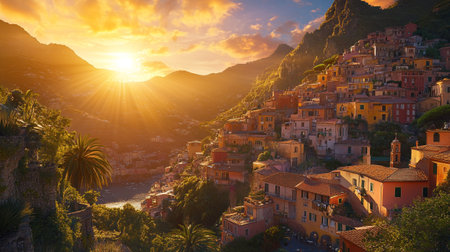 Sunset over Vernazza village in Cinque Terre National Park, Italyの写真素材