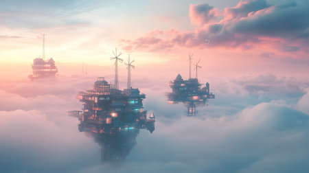 3D illustration of a construction site in the clouds at sunset.の写真素材