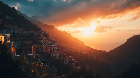 Sunset in Positano, Amalfi Coast, Italyの写真素材