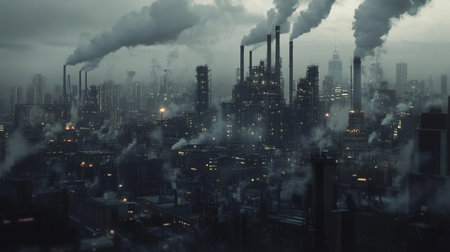 Industrial landscape with smog in the city. 3d renderingの写真素材