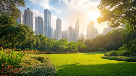 green grass and city park with buildings in the background,shanghai china.の写真素材