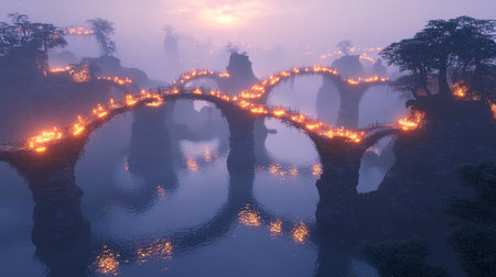 3D illustration of the bridge in the mist with the light of fireの写真素材