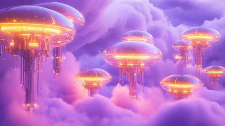 Futuristic flying saucers in the clouds. 3d renderingの写真素材