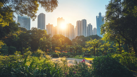 City park with skyscrapers and green grass in Shanghai, Chinaの写真素材