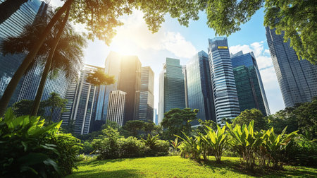 Cityscape of Singapore with green grass and modern skyscrapers.の写真素材