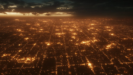 Night city view from airplane window. Night cityscape with lights.の写真素材