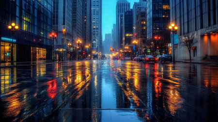 Wet asphalt road in the city at nightの素材