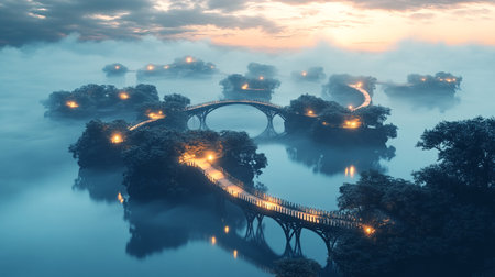 Foggy landscape with bridge and lanterns. 3D renderingの写真素材