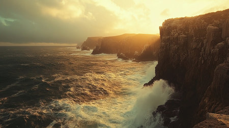 Beautiful seascape with cliffs and ocean waves at sunset.の写真素材