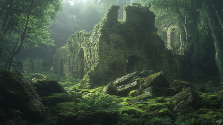 Ruins of ancient castle in the green forest. Fantasy landscape.の写真素材