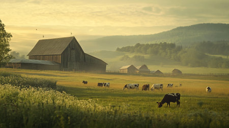 Cows graze in the meadow at sunset in summer.の写真素材