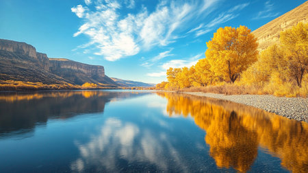 Autumn landscape with yellow aspen trees reflected in the water.の素材