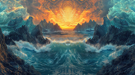 Fantasy alien planet. Mountain and ocean. 3D illustration.の写真素材