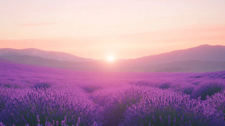 Beautiful lavender field at sunset. Sunrise over the mountains.の写真素材