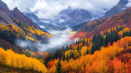 Mountain autumn landscape with colorful forest and fog in the valley.の写真素材