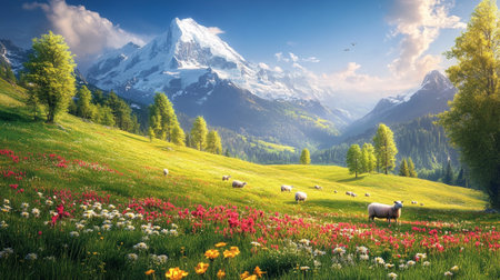 Flock of sheep grazing in the meadow on the background of the Matterhornの写真素材