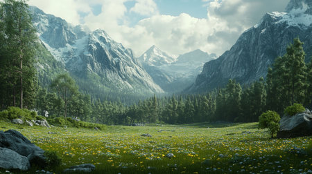 Panoramic view of the alpine meadow with dandelionsの写真素材