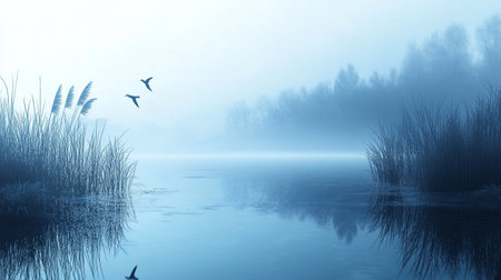 Foggy morning on the lake. 3D render of foggy lake with reeds and birds.の写真素材