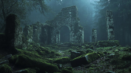 Mysterious ruins of an old church in the foggy forestの写真素材