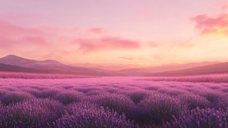 Beautiful lavender field at sunset in the mountains. 3d renderingの写真素材