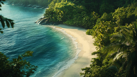 Tropical beach with palm trees and white sand at Seychellesの素材
