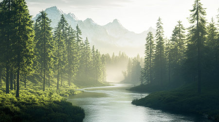 Mountain landscape with river and coniferous forest in the morningの素材