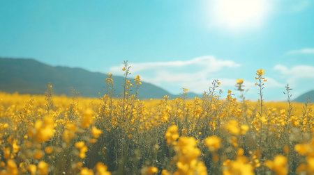 Sunset over a field of yellow flowers with a blue sky backgroundの写真素材